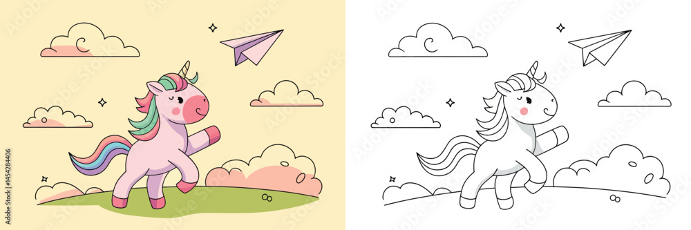 Obraz premium Cute unicorn playing with a paper airplane, coloring page.
