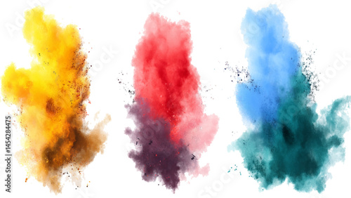 set of watercolor splashes, Color powder explosion on white, vibrant artistic effect,