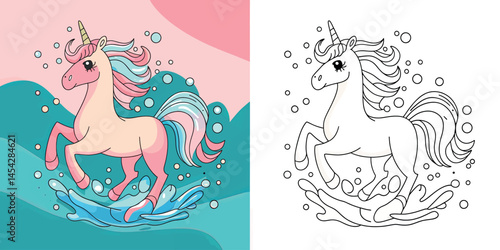 A playful, colorful illustration of a unicorn leaping through water splashes.