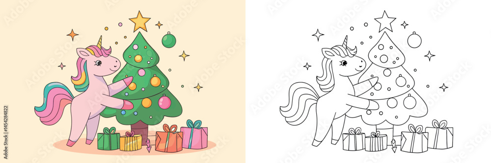 Fototapeta premium Cute Unicorn Decorating a Christmas Tree, Perfect for Coloring Books