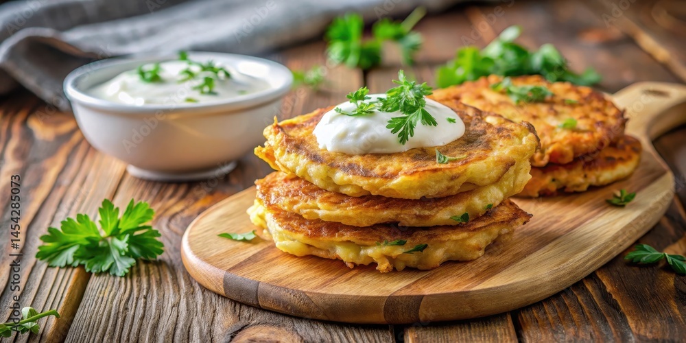 Golden brown potato pancakes with yogurt sauce and herbs on a wooden board Golden brown potato pancakes with yogurt sauce and herbs on a wooden board