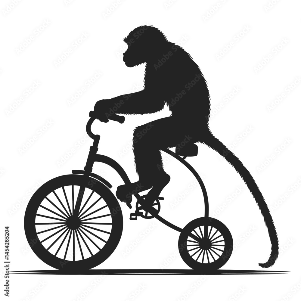 Naklejka premium Monkey silhouette riding small bike circus scene vector white background