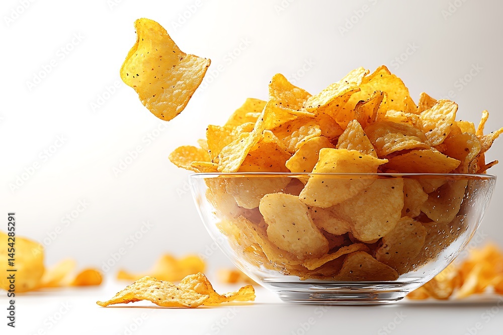 Golden tortilla chips are falling into a clear glass bowl, isolated on white Golden tortilla chips are falling into a clear glass bowl, isolated on white