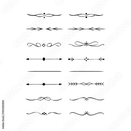  Text dividers doodle set. Wedding decorative elements. Divider ornament, borders, vintage line separators. Hand drawn vector illustration isolated on white background. Gold text dividers doodle set. 