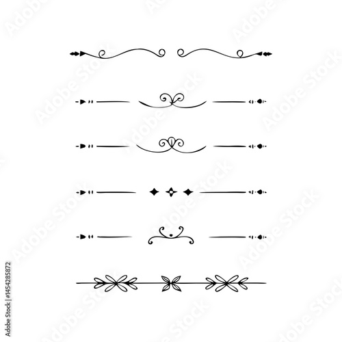  Text dividers doodle set. Wedding decorative elements. Divider ornament, borders, vintage line separators. Hand drawn vector illustration isolated on white background. Gold text dividers doodle set. 
