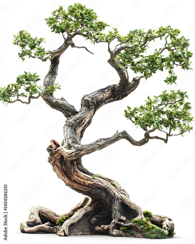 Beautiful old tree with branches, root, and green leaves, isolated on a white background