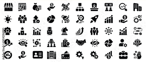 Collection of business and finance icons illustrating concepts of success and development
