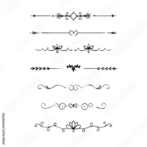  Text dividers doodle set. Wedding decorative elements. Divider ornament, borders, vintage line separators. Hand drawn vector illustration isolated on white background. Gold text dividers doodle set. 