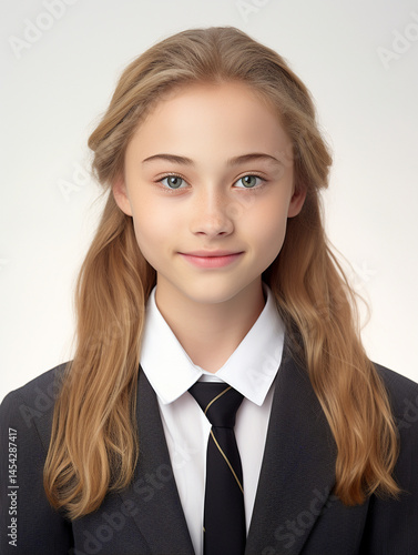 Portrait of a young Caucasian schoolgirl in uniform – ID photo on white background