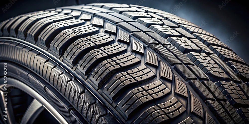 Fototapeta premium Close-up of tire sidewall with tread pattern, rubber texture and lug nuts, equipment details