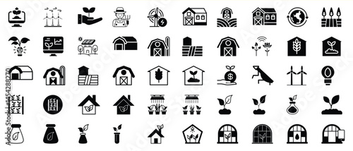 Collection of farming and agriculture icons representing sustainable practices and modern technology