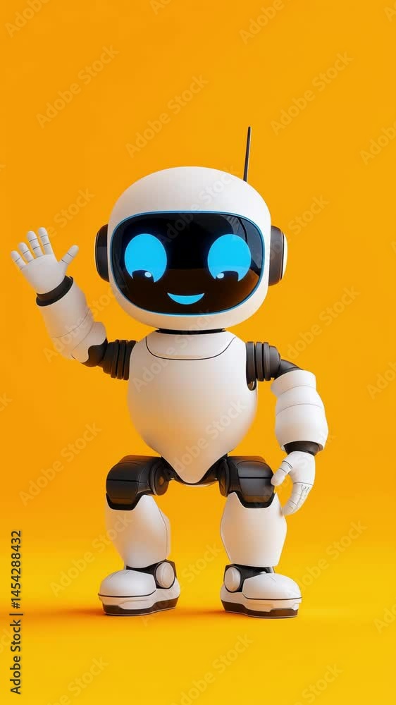 A friendly robot character waves hello while showcasing its playful demeanor against an orange backdrop A friendly robot character waves hello while showcasing its playful demeanor against an orange backdrop