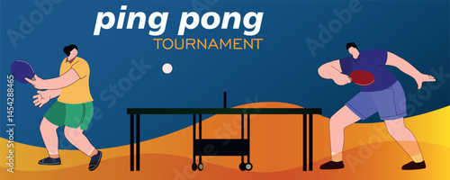 Table tennis game, two ping pong players, tournament banner. Sports club, racket game, beginners competition, active sports recreation, hobby