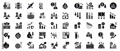 Financial and economic icons representing growth decline stability and investment concepts