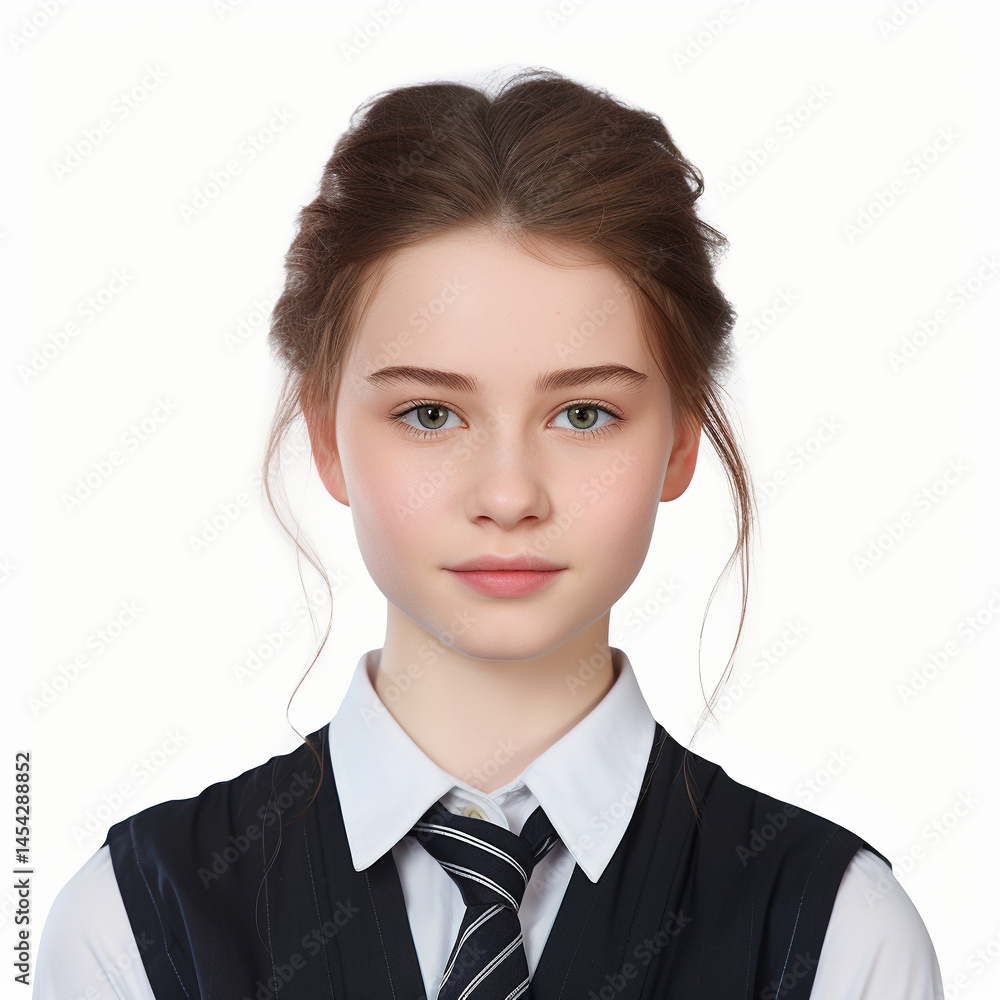 Portrait of a young Caucasian schoolgirl in uniform – ID photo on white background Portrait of a young Caucasian schoolgirl in uniform – ID photo on white background