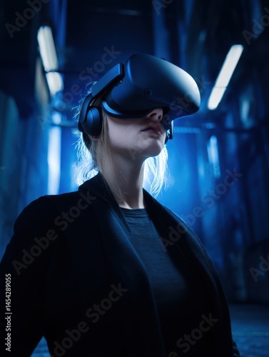 Immersive Virtual Reality Experience with Female User in Dark Urban Setting, Highlighting Technology and Innovation in Gaming Worlds