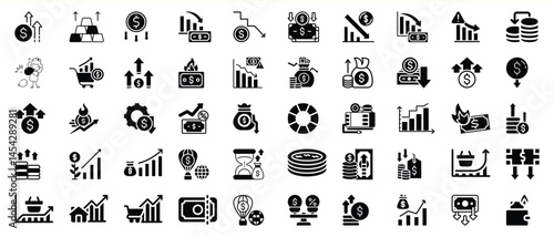 A collection of financial icons depicting diverse aspects of economic growth and decline