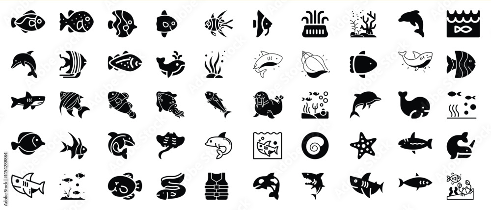 Naklejka premium Collection of diverse black and white ocean animal illustrations on white background