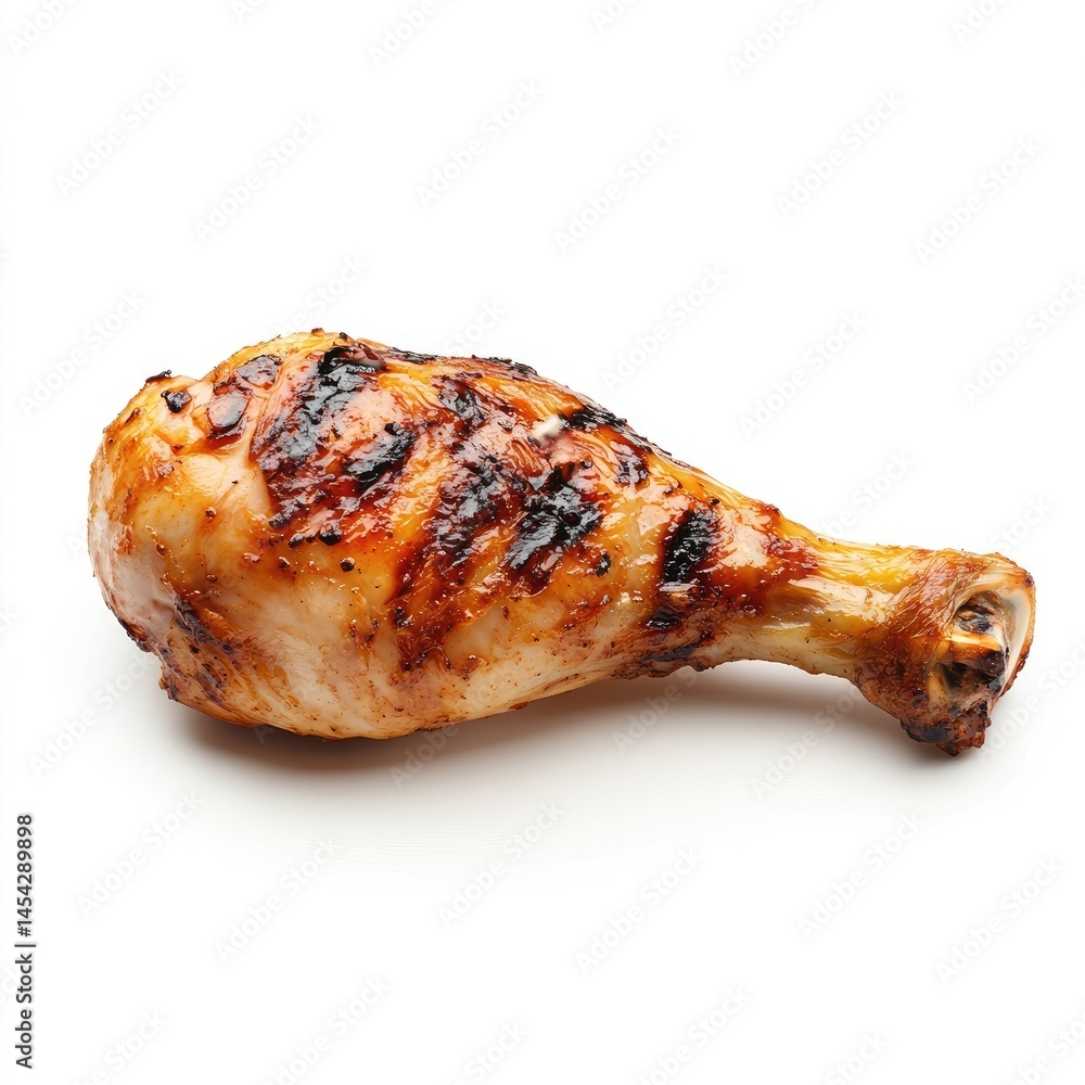 Grilled chicken drumstick, golden brown and crispy, with grill marks Grilled chicken drumstick, golden brown and crispy, with grill marks