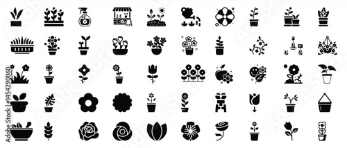 Collection of simple black and white plant and flower icons for design and decoration