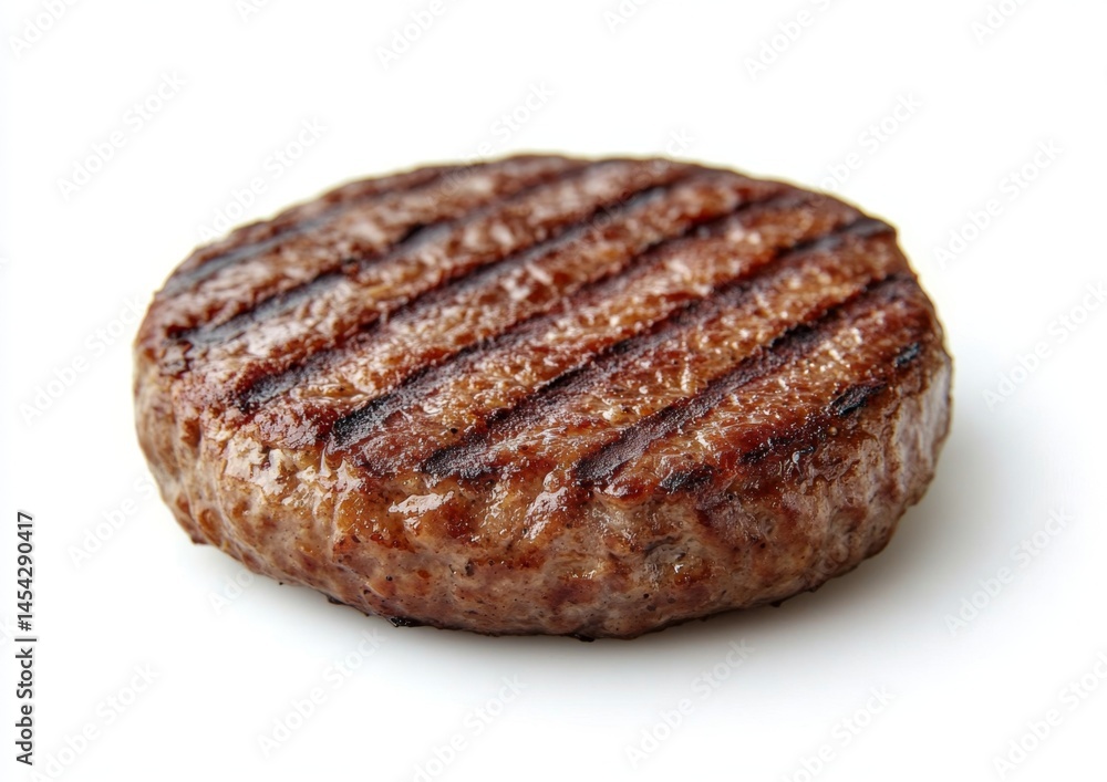 Single, cooked, grilled hamburger patty. Brown, meaty, and seasoned Single, cooked, grilled hamburger patty. Brown, meaty, and seasoned