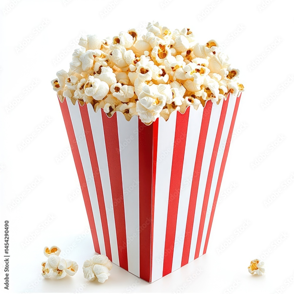 A container of popcorn, filled with kernels, sits in a red and white striped box A container of popcorn, filled with kernels, sits in a red and white striped box