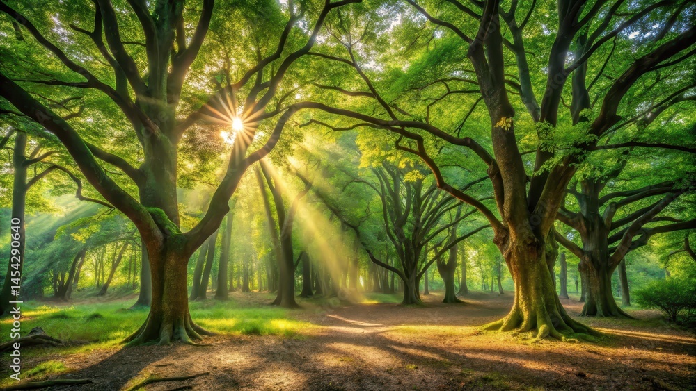 Naklejka premium Softly filtered sunlight filters through leafy canopy of ancient trees in a lush green forest, casting dappled shadows on forest floor, nature, woods