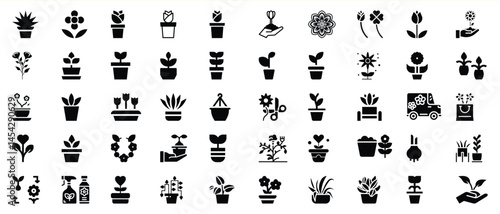 Collection of various black and white plant and flower icon illustrations for design projects