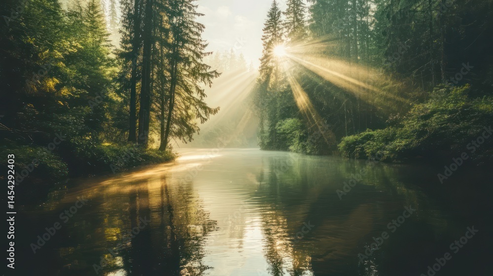 Obraz premium Early morning mist in a forest, sunlight filtering through trees over a calm river