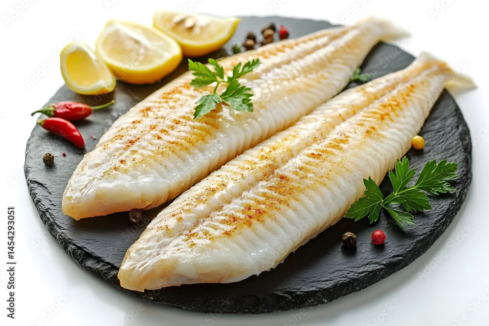 Spiced and lemony baked white fish fillet Pangasius on a stone backdrop Spiced and lemony baked white fish fillet Pangasius on a stone backdrop