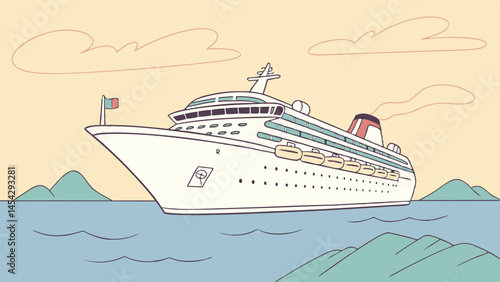 Cruise ship sailing on calm waters with mountains in the background  