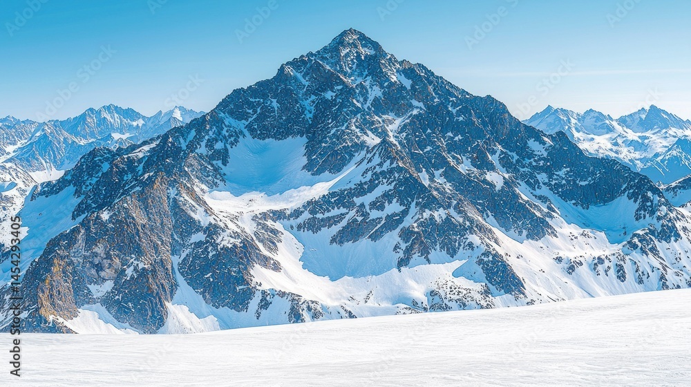Naklejka premium Majestic snow-capped mountain peak piercing the clear blue alpine sky