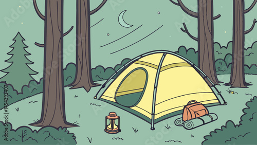 Camping tent under the moonlight in a forest setting  