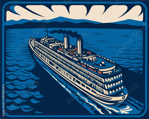 Vintage cruise ship sailing through blue waters  