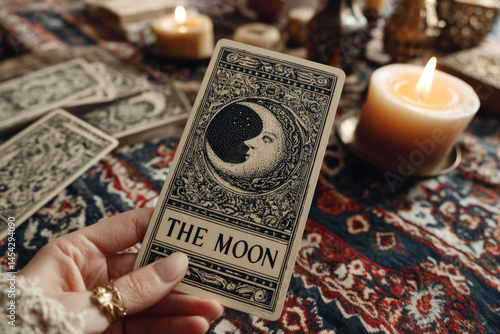 Hand holding tarot card The Moon with candlelight in background
