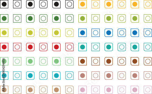 Veg and Non-veg food icon dots. Vegan and Non-vegan food labels. Different colors veg and non-veg symbol. Vector illustration.
