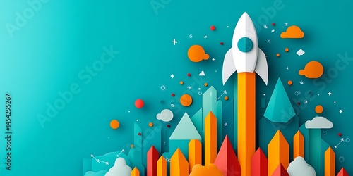 Abstract art of rocket launch with blue and orange elements, going upwards. City-like features at base