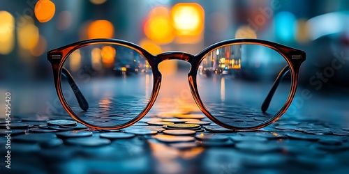 A pair of glasses rests atop a surface covered in coins. The city's bokeh creates beautiful background