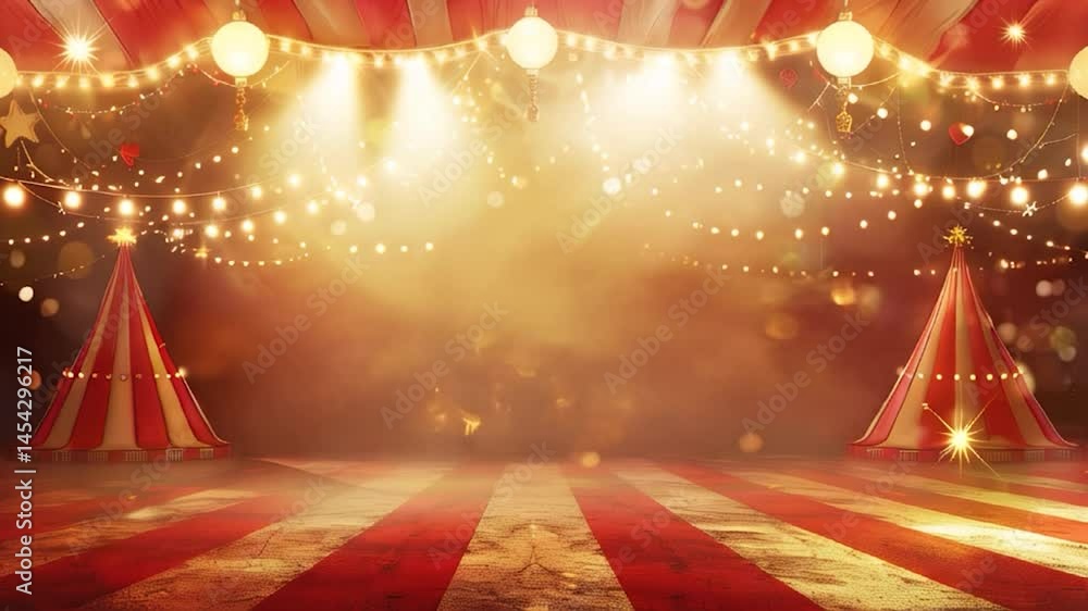 circus tent interior is illuminated by festive string lights and warm spotlights on a striped red and white floor