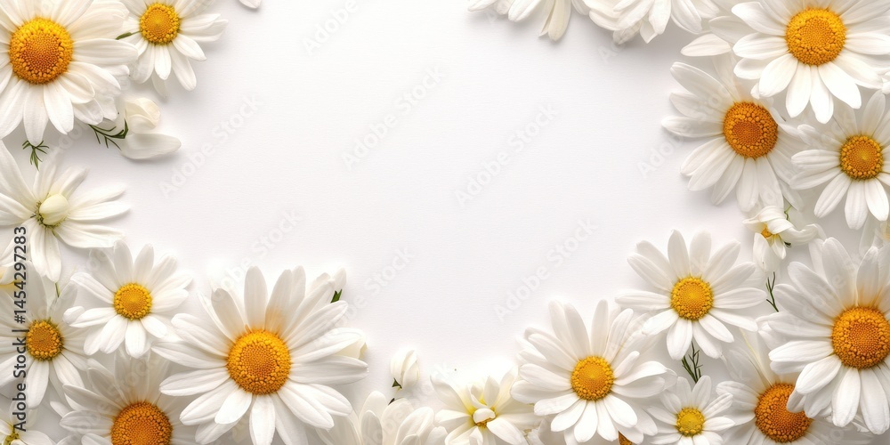 Fototapeta premium Delicate white daisies framing a blank space floral arrangement studio