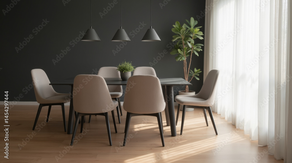 Modern dining room minimalist design wooden table beige chairs indoor plants natural light contemporary decor stylish lighting Modern dining room minimalist design wooden table beige chairs indoor plants natural light contemporary decor stylish lighting