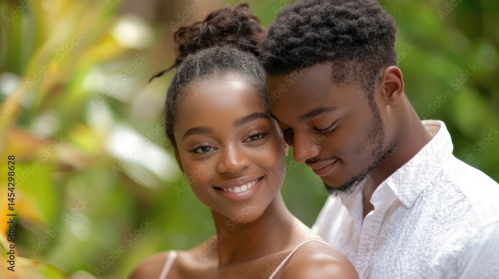 Engaged couple, standing close together, outdoor garden setting, soft focus Engaged couple, standing close together, outdoor garden setting, soft focus