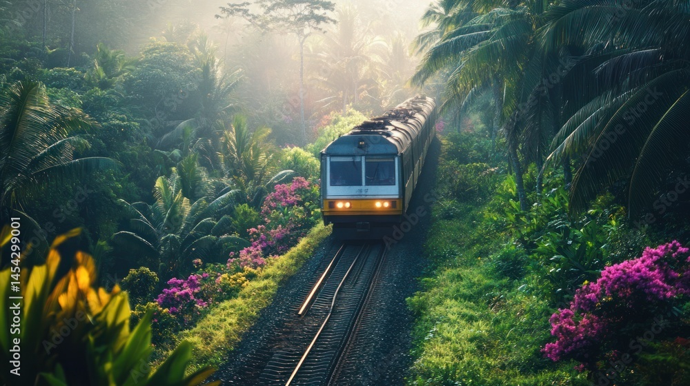 Naklejka premium Train journey through lush tropical rainforest with vibrant flora and fauna