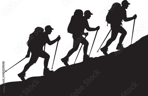 Three hikers sending a mountain silhouette, hiker silhouette, hiking man with rucksacks silhouette. Man with backpack vector design