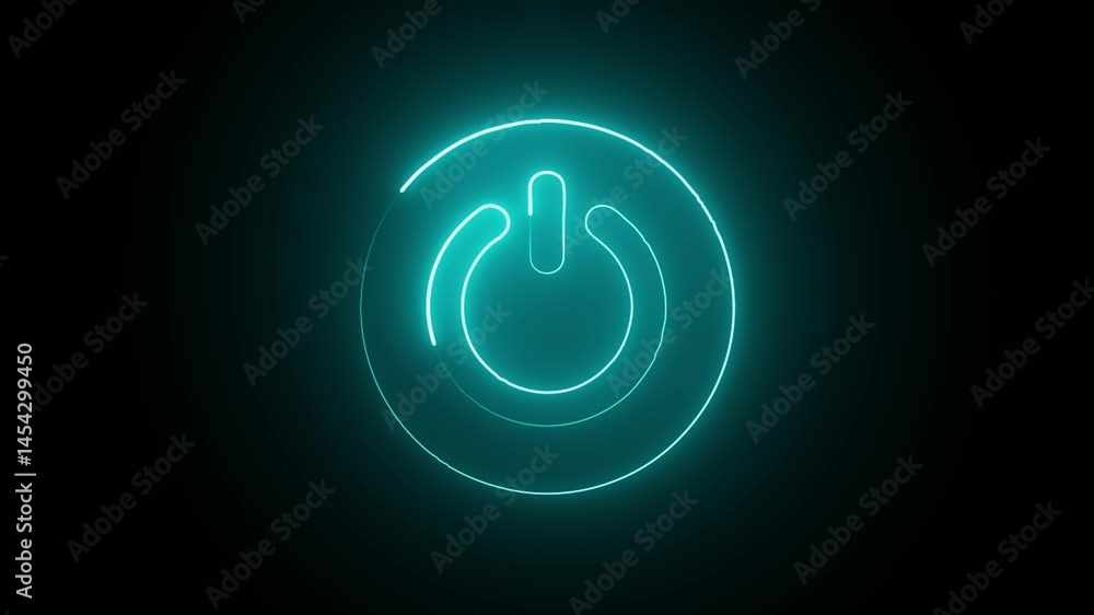 Glowing neon power reset button icon sign animation. cyan color power button animation on black background.