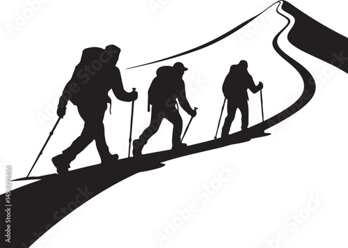 Three hikers sending a mountain silhouette, hiker silhouette, hiking man with rucksacks silhouette. Man with backpack vector design