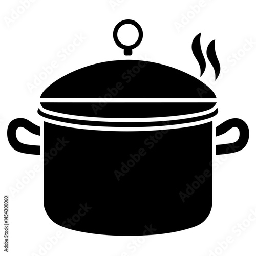 Pot with lid and steam symbol, Kitchen saucepan icon on white background 