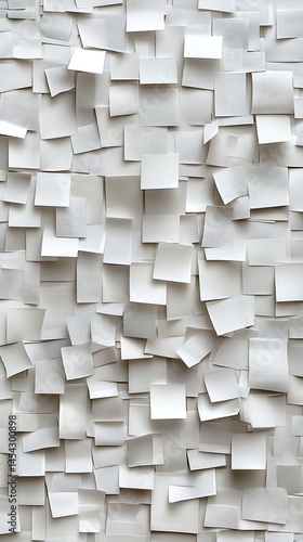 Close-up of many white square sticky notes on a wall, creating a textured pattern