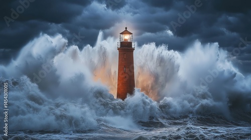 Illuminated lighthouse bravely stands against powerful storm waves.
