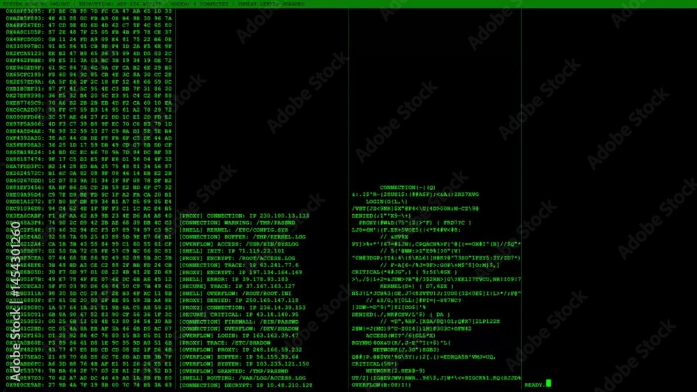 Animated hacker terminal interface with multiple columns of scrolling green code, hex dumps, and system logs on a black background. Features blinking cursor and status bar.